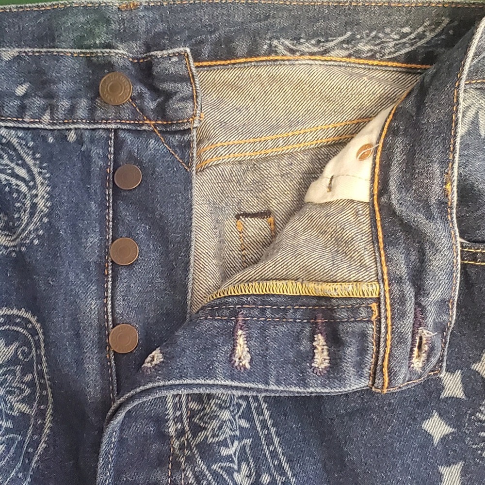 Levis Big E Snoop Dogg Lot 420 Paisley Print Blue Denim Jeans Mens W36 L32 AOP - Picture 11 of 16